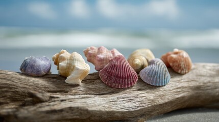  Colorful seashells on driftwood at the beach with blurred ocean background
