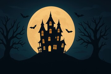 Spooky haunted house illustration with glowing windows, full moon, bats, and twisted trees in eerie Halloween night scene