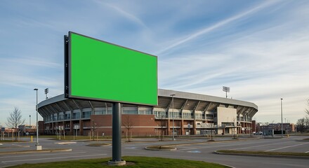 Blank green screen billboard for advertising mockup outside a modern sports stadium on a sunny day