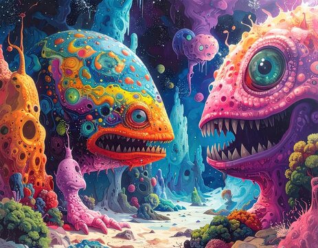 Surreal Neon Glowing Creatures in Vibrant Cosmic Landscape - Powered by Adobe