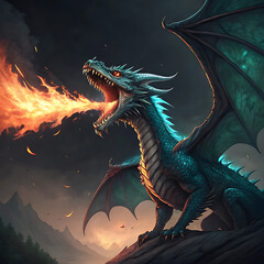 Fire Breathing Creature with Mouth Open, Fantasy Landscape, Illustration, Dramatic Mood
