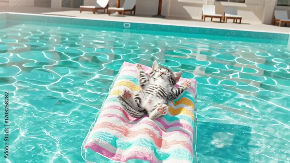 Poster kitten relaxing on a colorful towel by a sparkling pool generative ai