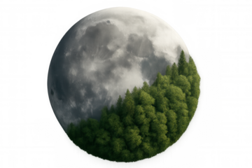 Verdant forest growing on lunar-like orb, symbolizing ecological harmony and environmental resilience against stark transparent backdrop