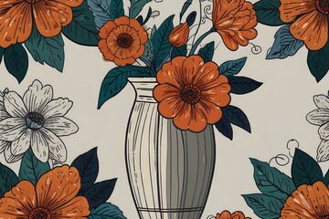 Artistic decorative ceramic vase with orange floral painting pattern isolated on background for traditional cultural design home decoration