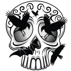 Skull Decorative Halloween or Dia De Los Muertos Element with Crows and Bat Vector Logo Illustration isolated on white 