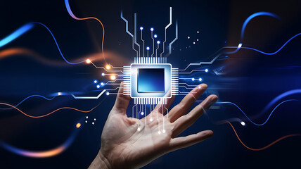 Hand holding glowing CPU chip with digital circuit lines, representing technology and innovation