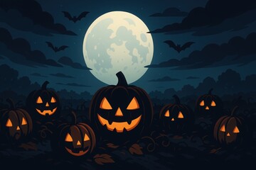Halloween night illustration with glowing jack-o’-lantern pumpkins, full moon, bats, and eerie sky in spooky festive scene