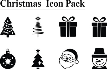 Black and white Christmas icon pack with Santa, tree, snowman, gift box, ornament, holiday elements, perfect for festive design
