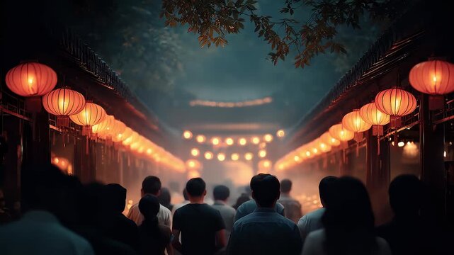 Bustling Crowd on Traditional Chinese Lantern Street