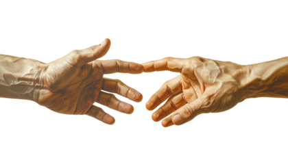 Two hands reaching towards each other, detailed depiction of human anatomy, warm tones