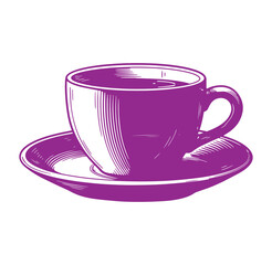 Elegant purple coffee cup and saucer vintage engraved vector illustration design