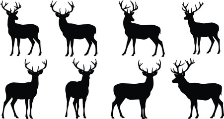 Set of deer silhouettes with antlers, wild stag and buck animal vector illustration, hunting wildlife clipart design for nature artwork