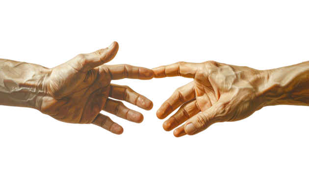 Two hands reaching towards each other, detailed depiction of human anatomy, warm tones