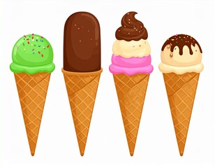 Cartoon ice cream cone and popsicle set illustration isolated on white background. Generated image
