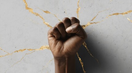 Raised fist of a Black person in protest against a cracked marble background