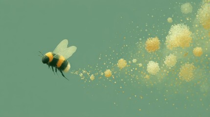 Bumblebee flying with pollen dust trail on green background