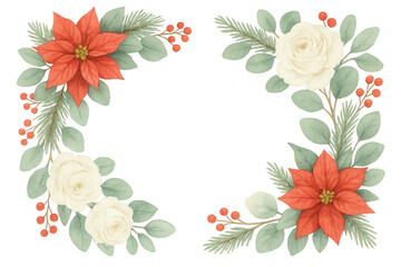 Obraz premium Watercolor holiday border featuring red poinsettia, white roses, berries, pine branches framing festive seasonal greeting card design