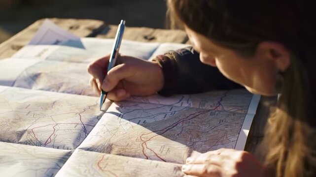 Woman planning travel route on a topographical map, outdoors, seeking adventure