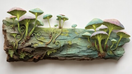 Fantasy luminescent mushrooms growing on a decaying log on white background