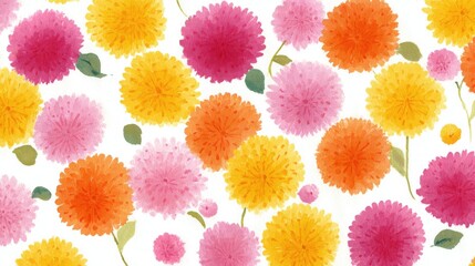 Floral pattern of pink, orange, and yellow pompom flowers on white background