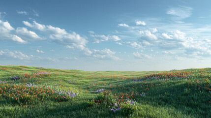 Rolling hills of wildflowers under a vibrant blue sky.