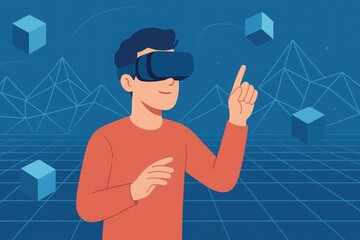 Person using virtual reality headset with futuristic geometric background in modern digital illustration emphasizing VR technology and interaction