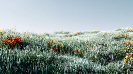 A serene meadow bathed in soft light, with lush green grass dotted with vibrant wildflowers under a clear, pale blue sky.