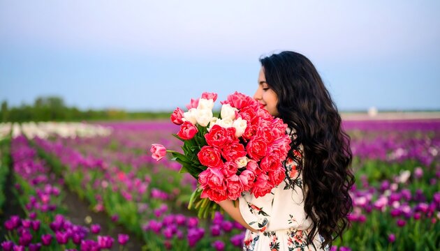 Woman holding a bouquet of tulips in a field - Powered by Adobe
