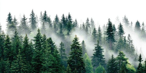 A dense forest of evergreen trees, shrouded in a light mist, creating a serene and tranquil scene.