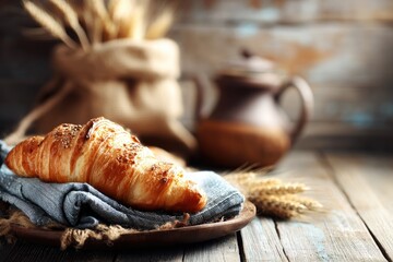 Rustic croissant on a wooden table