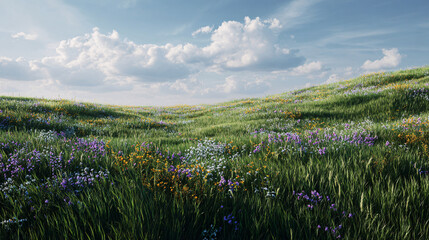 Lush green meadow with wildflowers under a blue sky with fluffy clouds.