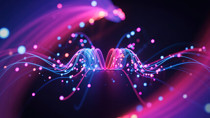 Vibrant neon energy flow with glowing particles and dynamic light trails creating a futuristic abstract wave