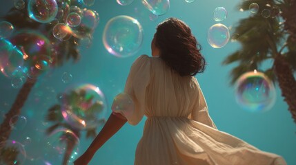 Woman with long hair looking up at bubbles outdoors on a sunny day