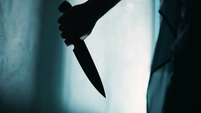 Silhouette hand holding sharp knife in dark room, dramatic lighting creating shadow scene, crime danger concept, fear suspense thriller mood background, mysterious horror cinematic atmosphere, violenc