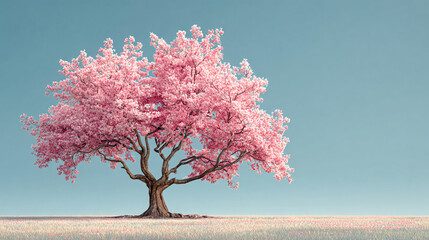 Single pink cherry tree in blossom against a pale blue sky.