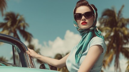 Retro woman in vintage style with car and palm trees