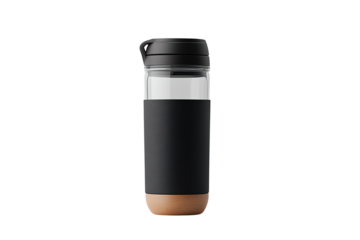 Modern reusable travel mug with sleek design, featuring a black silicone sleeve and a transparent body for stylish coffee on the go.