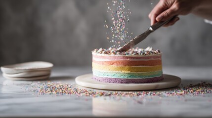 A woman slicing a rainbow layer cake