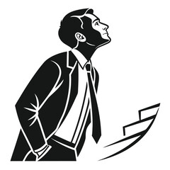 Man in suit looking up with a determined expression and focus.