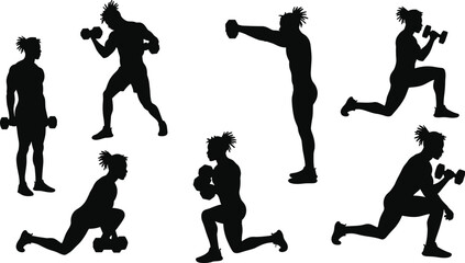 Man lifting dumbbells, workout silhouette, strength training exercise, fitness posture illustration, gym routine clipart, muscle workout pose vector set.