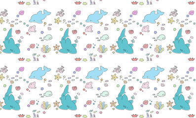 Cute Shark and Dolphin Animal Seamless Pattern with Under the Sea World Blue Soft Green Nature Variant Soft gradient pastel 