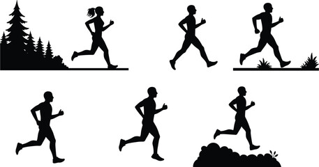 Silhouette of runners jogging, outdoor fitness, male and female athletes, nature trail running, healthy lifestyle, exercise, forest background, athletic training, cardio workout, 