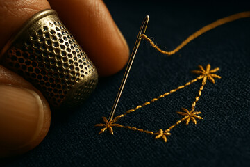 Close up of a hand wearing a thimble carefully stitching a constellation pattern with golden thread on dark fabric