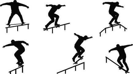 Silhouette of skateboarder performing tricks on rail, extreme sports action, urban skateboarding, stunt, balancing, black and white, athletic, movement, adrenaline, active lifestyle, street sports. © Heyyy