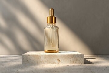 Golden dropper bottle on beige stone
