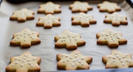 Freshly Baked Star Shaped Cookies on Baking Sheet Ready for Holiday Celebrations.
