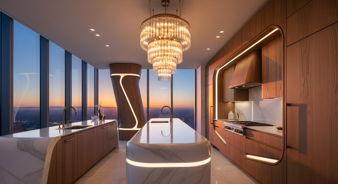 Luxurious modern kitchen with stunning city views at sunset, featuring sleek cabinetry, marble countertops, and a grand chandelier. - Powered by Adobe