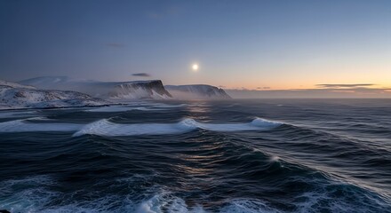Fototapeta premium Dramatic Ocean Waves Under a Fading Sunset Sky with a Distant Moon.