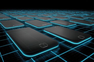 Many dark phones, grid, glowing blue light