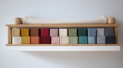 Wooden shelf containing fabric swatches in various colors